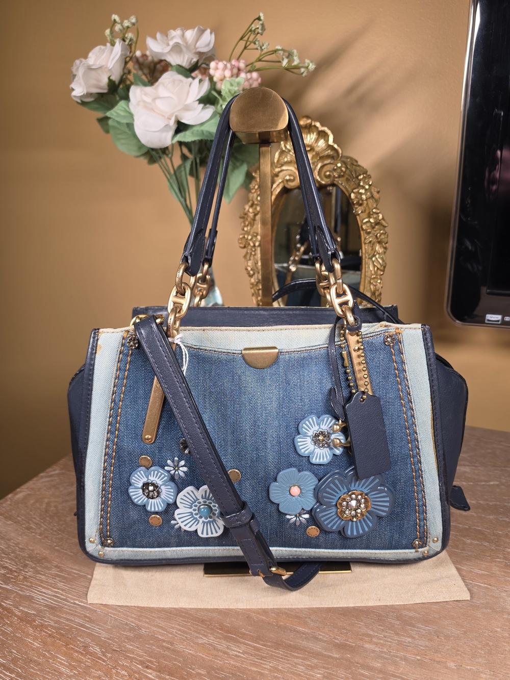 Coach Dreamer 28 Denim Color Block w/ Tea Rose Applique Satchel / Crossbody Bag